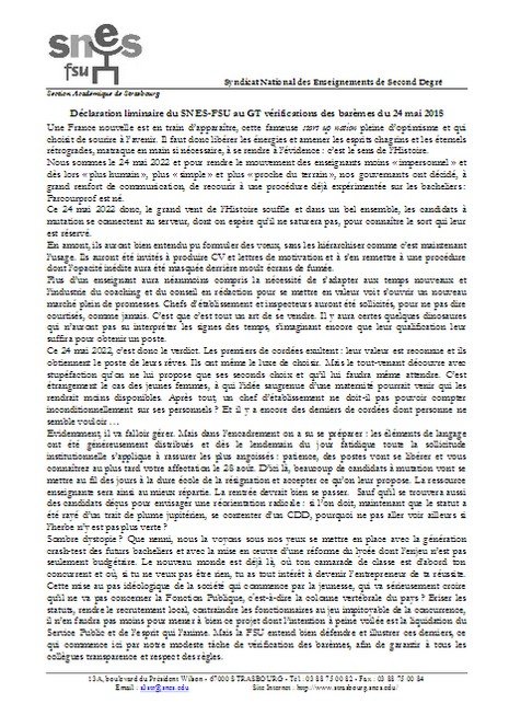 Déclaration liminaire SNES-FSU GT barême 24 mai 2108
